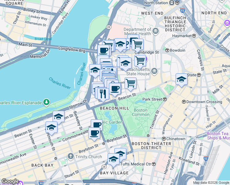 map of restaurants, bars, coffee shops, grocery stores, and more near 68 Chestnut Street in Boston