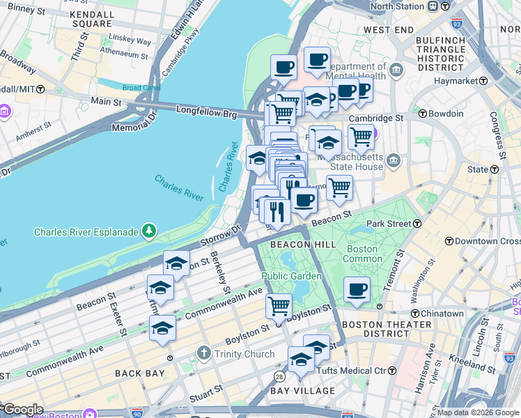 map of restaurants, bars, coffee shops, grocery stores, and more near 36 Lime Street in Boston