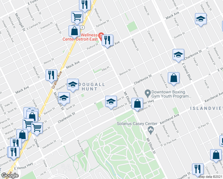 map of restaurants, bars, coffee shops, grocery stores, and more near 3660 Arndt Street in Detroit