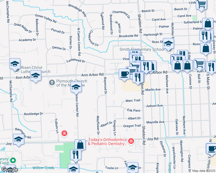 map of restaurants, bars, coffee shops, grocery stores, and more near 9396 Baywood Drive in Plymouth