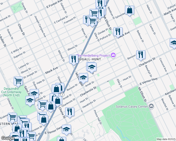 map of restaurants, bars, coffee shops, grocery stores, and more near 3201 Heidelberg Street in Detroit