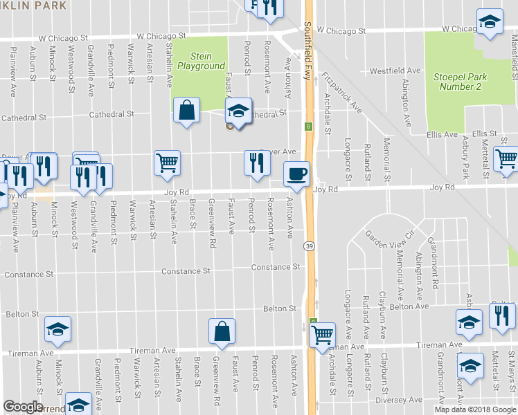 map of restaurants, bars, coffee shops, grocery stores, and more near 8672 Penrod Street in Detroit