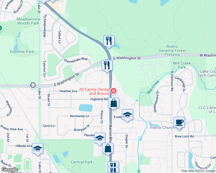 map of restaurants, bars, coffee shops, grocery stores, and more near 34000 North Barron Boulevard in Grayslake