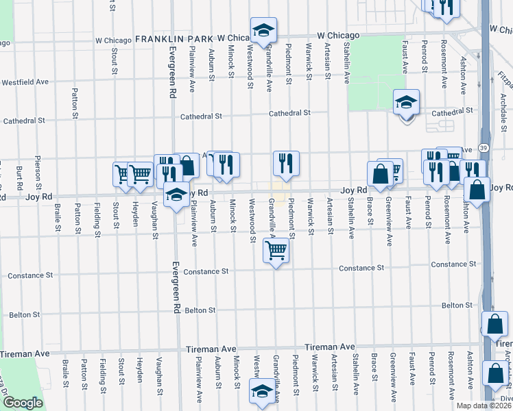 map of restaurants, bars, coffee shops, grocery stores, and more near 8680 Westwood Street in Detroit