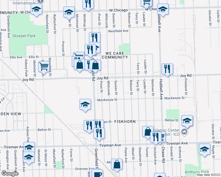 map of restaurants, bars, coffee shops, grocery stores, and more near 8582 Whitcomb in Detroit