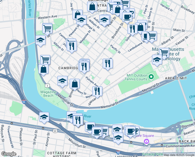 map of restaurants, bars, coffee shops, grocery stores, and more near 216 Sidney Street in Cambridge