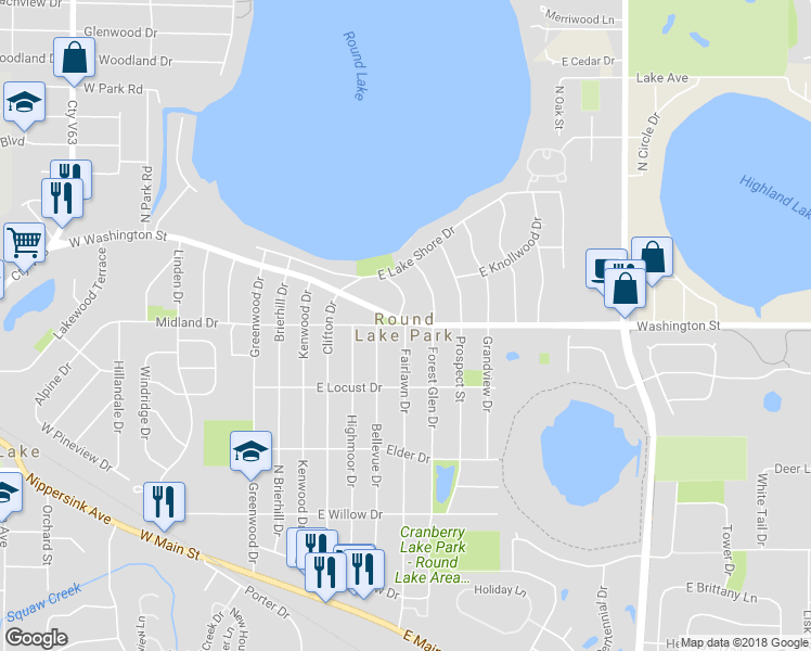 map of restaurants, bars, coffee shops, grocery stores, and more near 402 Fairlawn Drive in Round Lake Park