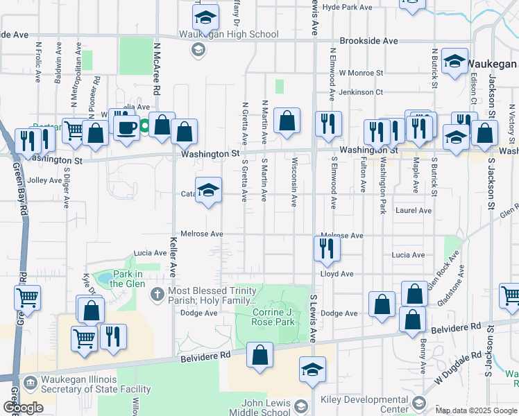 map of restaurants, bars, coffee shops, grocery stores, and more near 116 South Martin Avenue in Waukegan