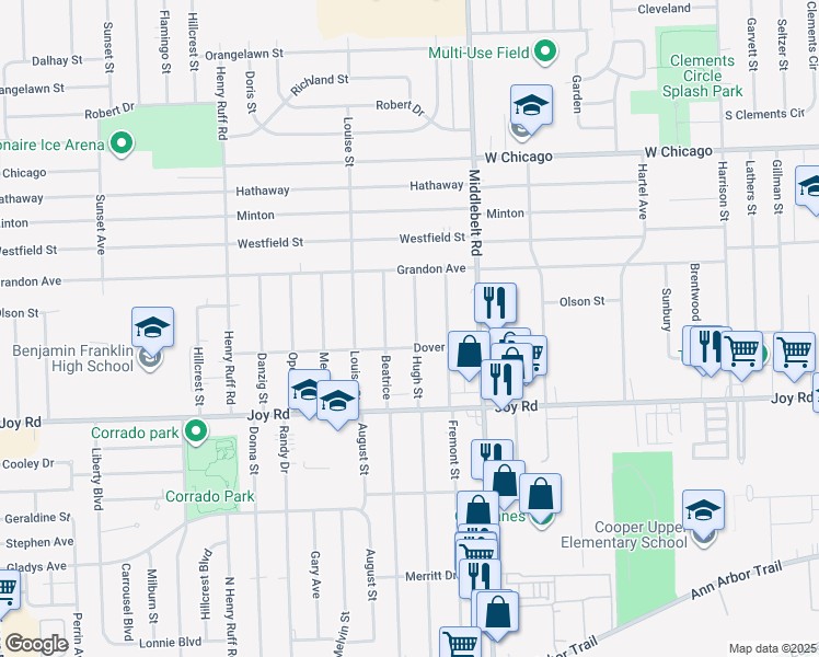 map of restaurants, bars, coffee shops, grocery stores, and more near 9037 Hugh Street in Livonia