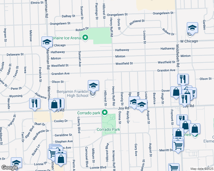 map of restaurants, bars, coffee shops, grocery stores, and more near 9038 Hillcrest Street in Livonia