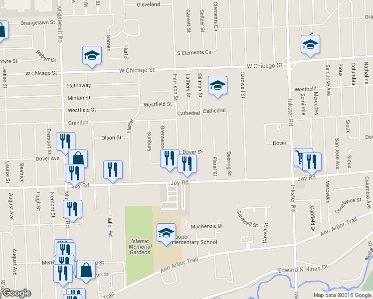 map of restaurants, bars, coffee shops, grocery stores, and more near 9023 Lathers Street in Livonia