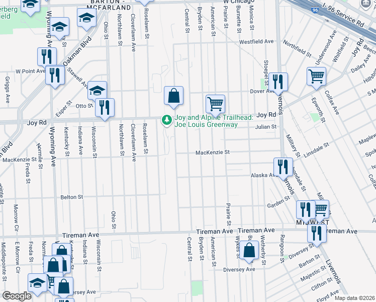 map of restaurants, bars, coffee shops, grocery stores, and more near 8503 Central Avenue in Detroit