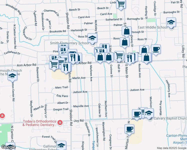 map of restaurants, bars, coffee shops, grocery stores, and more near 9410 Marlowe Avenue in Plymouth