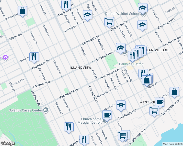 map of restaurants, bars, coffee shops, grocery stores, and more near 2171 Field Street in Detroit