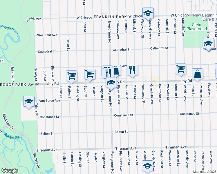 map of restaurants, bars, coffee shops, grocery stores, and more near 8695 Evergreen Ave in Detroit