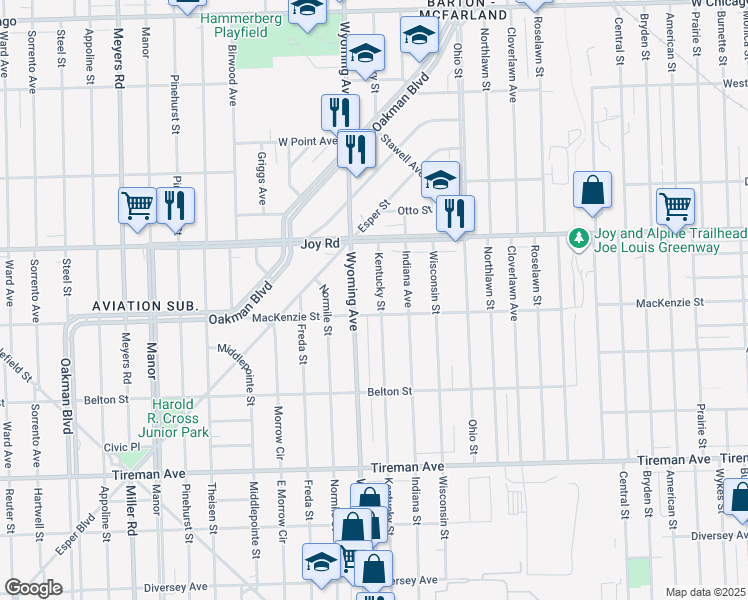 map of restaurants, bars, coffee shops, grocery stores, and more near 8527 Kentucky Street in Detroit