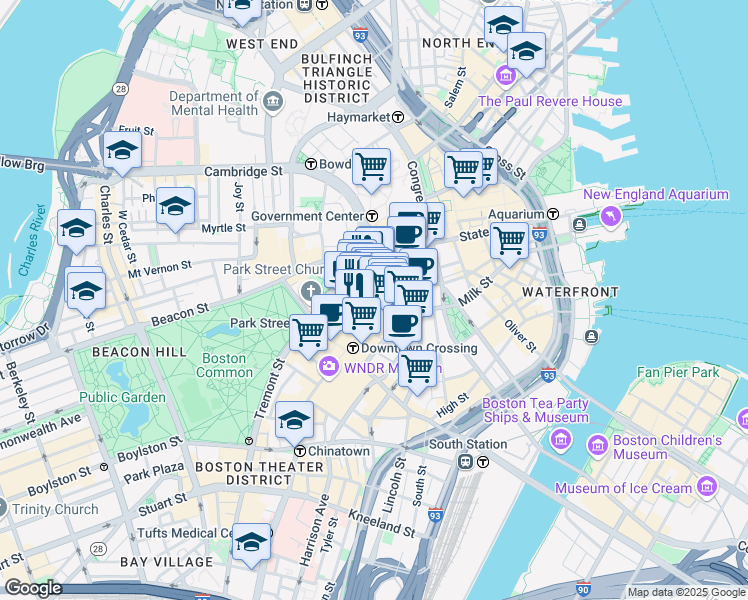 map of restaurants, bars, coffee shops, grocery stores, and more near 327 Washington Street in Boston