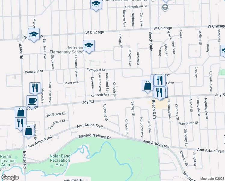 map of restaurants, bars, coffee shops, grocery stores, and more near 8935 Kinloch in Redford Charter Township