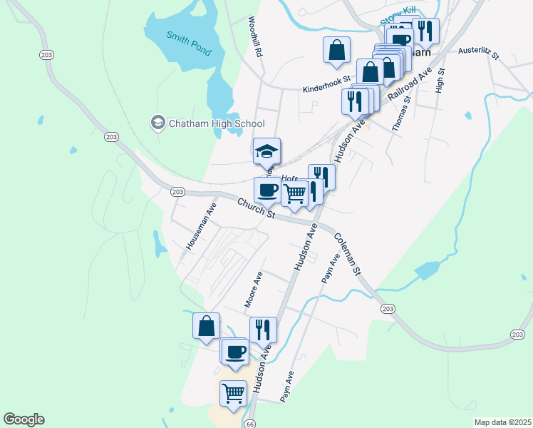 map of restaurants, bars, coffee shops, grocery stores, and more near 32 Church Street in Chatham