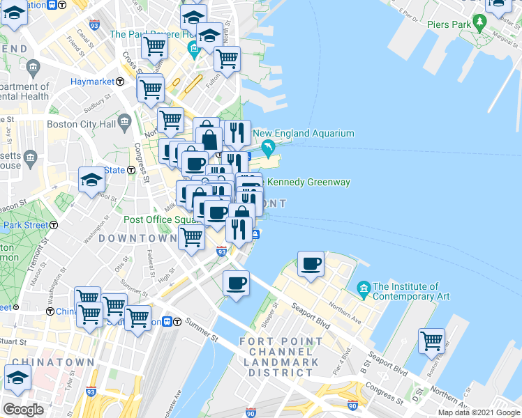 map of restaurants, bars, coffee shops, grocery stores, and more near 350 Atlantic Avenue in Boston