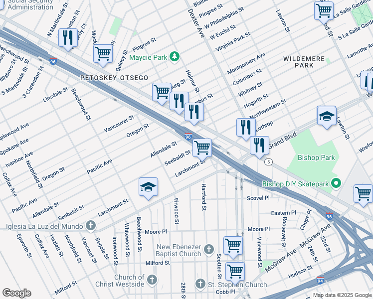 map of restaurants, bars, coffee shops, grocery stores, and more near 4270 Seebaldt Street in Detroit