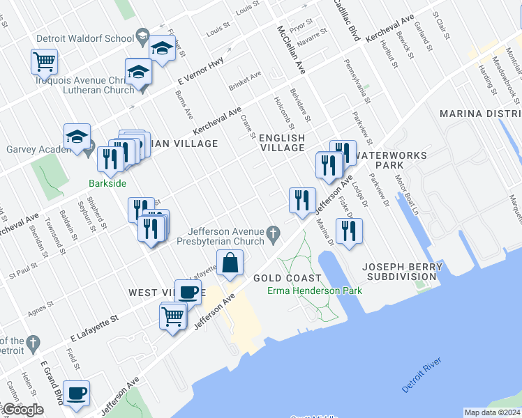 map of restaurants, bars, coffee shops, grocery stores, and more near 1225 Fischer Street in Detroit