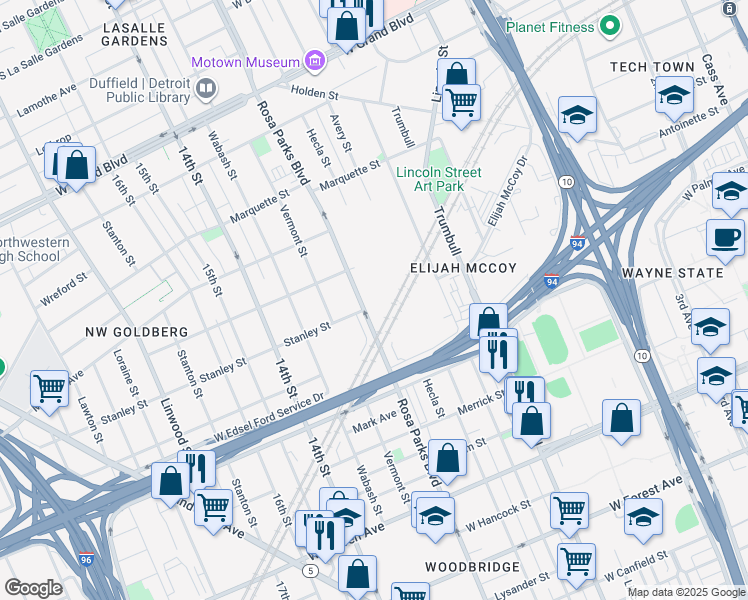 map of restaurants, bars, coffee shops, grocery stores, and more near 5730 Rosa Parks Boulevard in Detroit