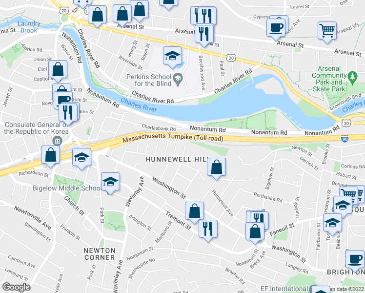 map of restaurants, bars, coffee shops, grocery stores, and more near 65 Grasmere Street in Newton