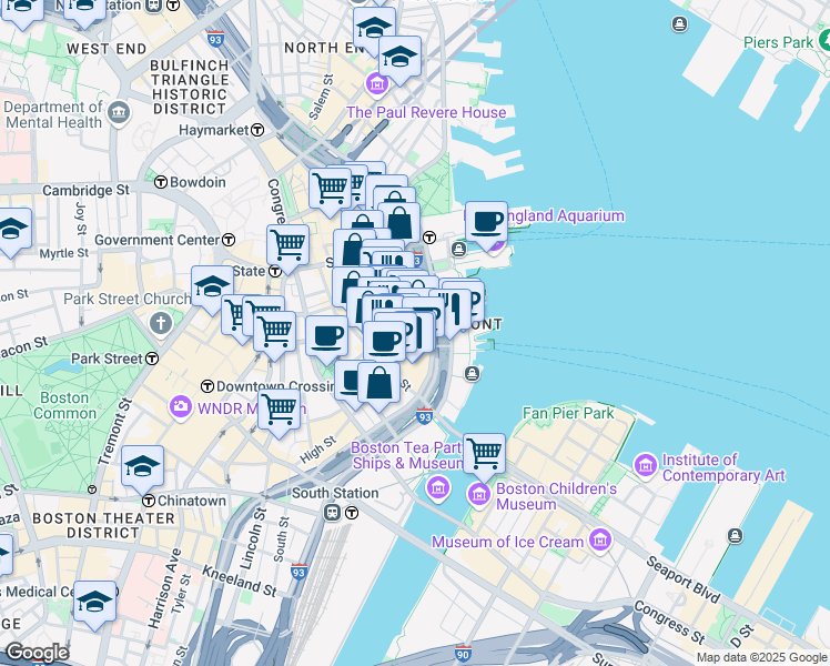 map of restaurants, bars, coffee shops, grocery stores, and more near 125 Broad Street in Boston
