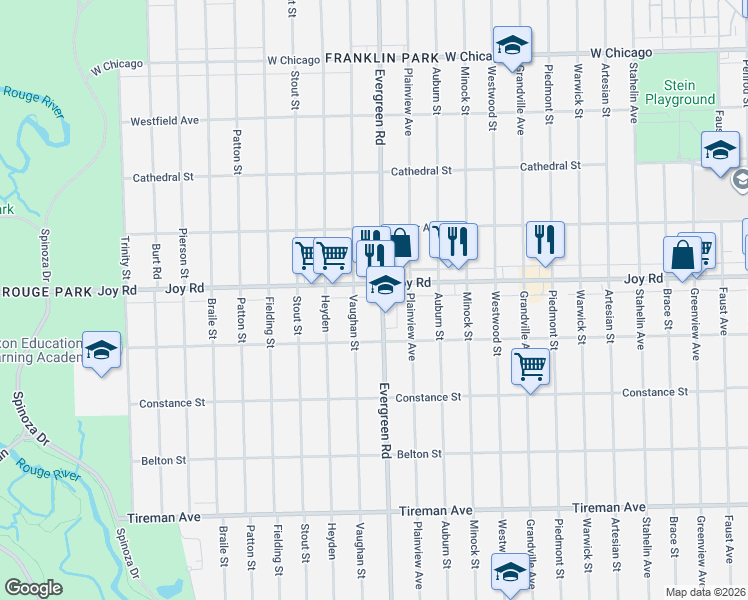 map of restaurants, bars, coffee shops, grocery stores, and more near 20003 Joy Road in Detroit