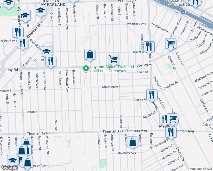 map of restaurants, bars, coffee shops, grocery stores, and more near 8500 Bryden Street in Detroit