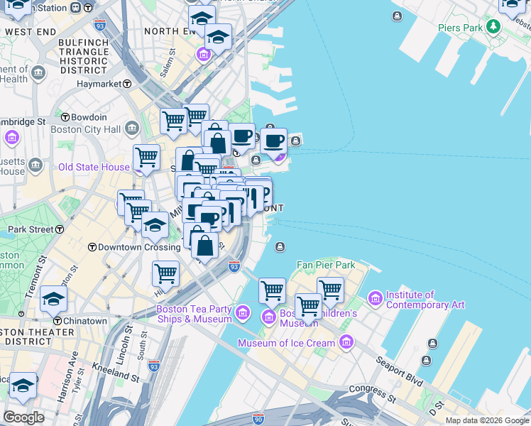 map of restaurants, bars, coffee shops, grocery stores, and more near in Boston