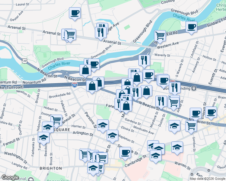 map of restaurants, bars, coffee shops, grocery stores, and more near 245 North Beacon Street in Boston