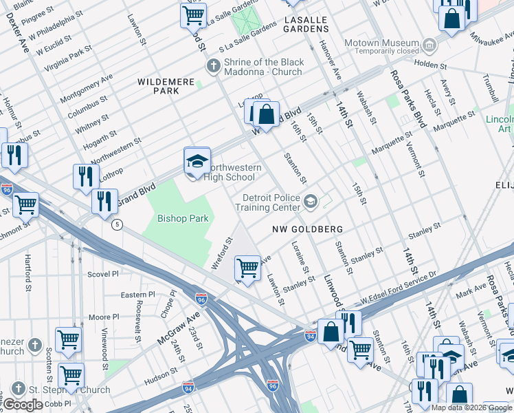 map of restaurants, bars, coffee shops, grocery stores, and more near 2730 Wreford Street in Detroit