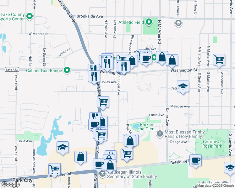 map of restaurants, bars, coffee shops, grocery stores, and more near 2823 Central Avenue in Waukegan