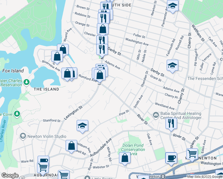 map of restaurants, bars, coffee shops, grocery stores, and more near 303 River Street in Newton