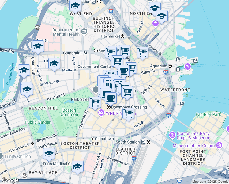 map of restaurants, bars, coffee shops, grocery stores, and more near 327 Washington Street in Boston