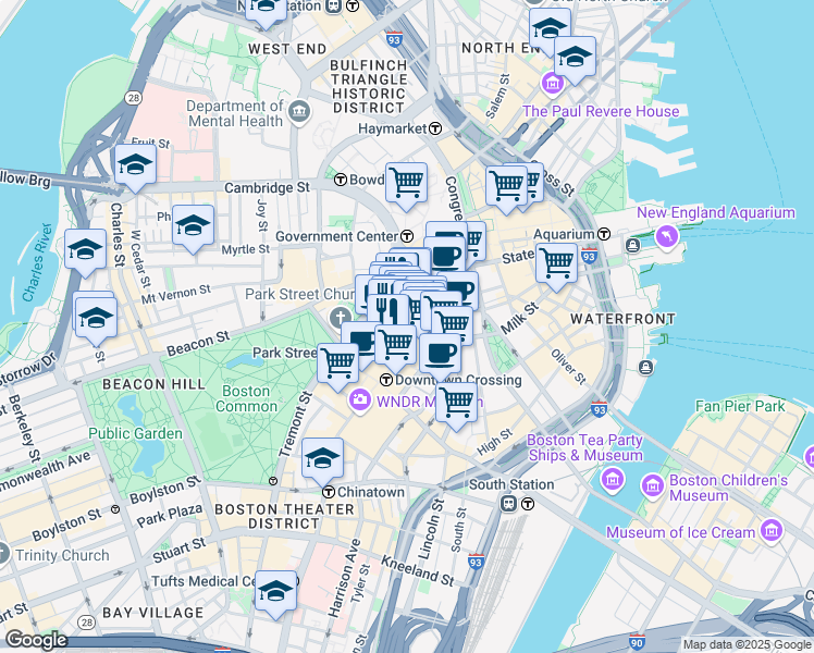 map of restaurants, bars, coffee shops, grocery stores, and more near 60 School Street in Boston