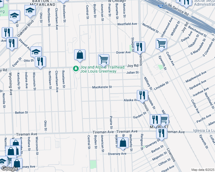 map of restaurants, bars, coffee shops, grocery stores, and more near 7412 Mackenzie Street in Detroit