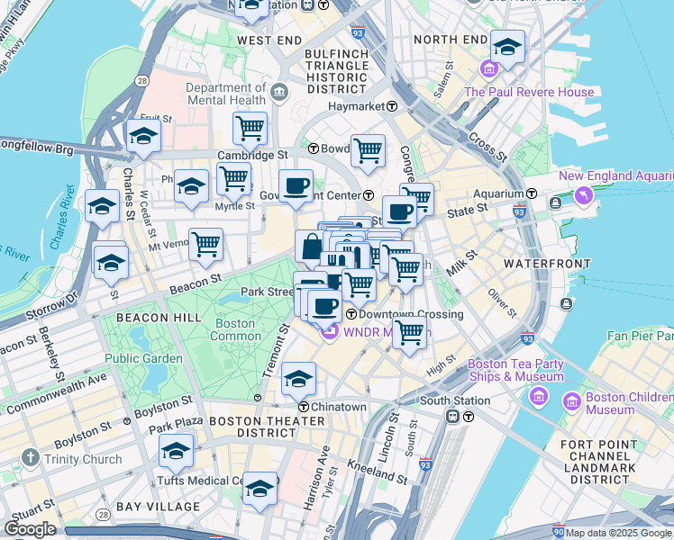 map of restaurants, bars, coffee shops, grocery stores, and more near 69 Bromfield Street in Boston