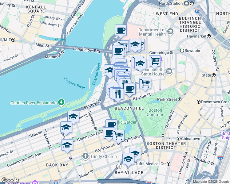 map of restaurants, bars, coffee shops, grocery stores, and more near 36 Lime Street in Boston