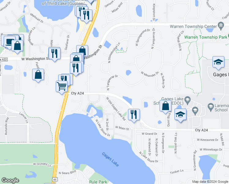map of restaurants, bars, coffee shops, grocery stores, and more near 18599 Sterling Court in Grayslake