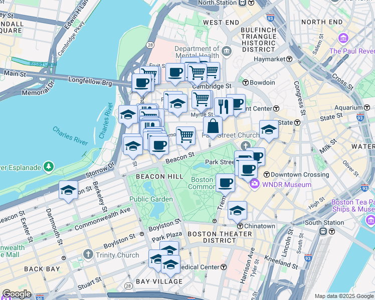 map of restaurants, bars, coffee shops, grocery stores, and more near 44 Beacon Street in Boston