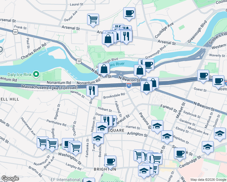 map of restaurants, bars, coffee shops, grocery stores, and more near 25 Brooksdale Road in Boston