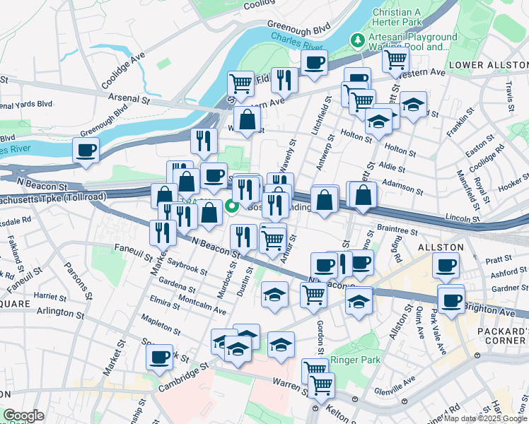 map of restaurants, bars, coffee shops, grocery stores, and more near 92 Guest Street in Boston