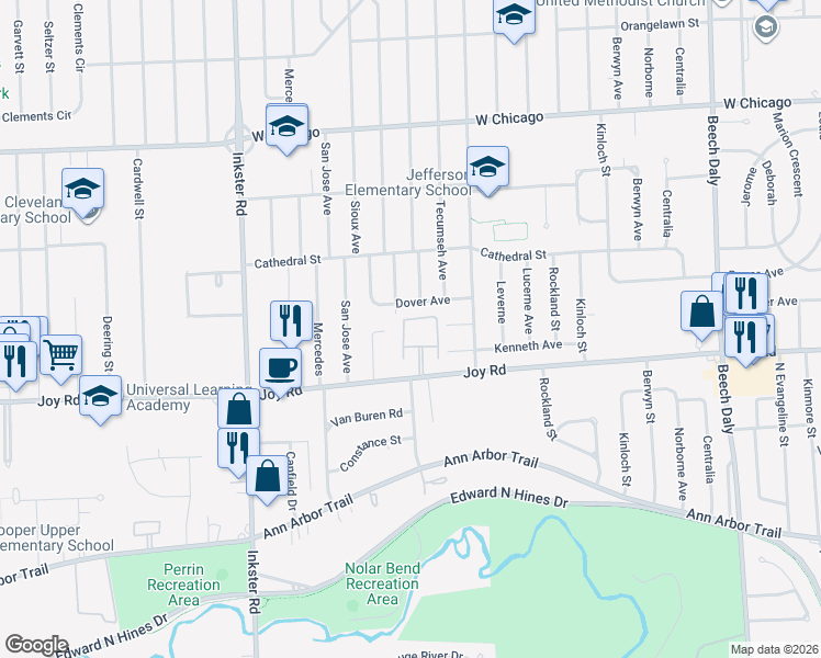 map of restaurants, bars, coffee shops, grocery stores, and more near 27004 Joy Road in Redford Charter Township