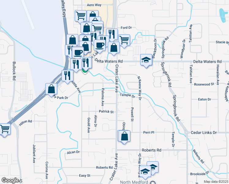 map of restaurants, bars, coffee shops, grocery stores, and more near 2731 Crater Lake Avenue in Medford
