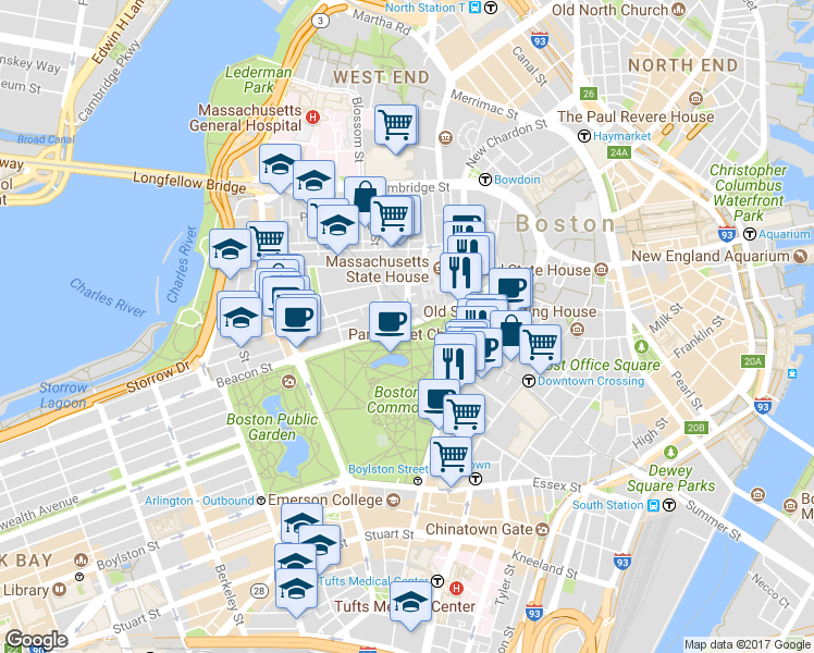 map of restaurants, bars, coffee shops, grocery stores, and more near in Boston