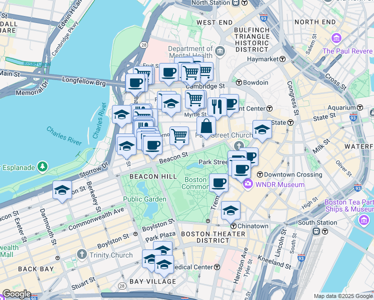 map of restaurants, bars, coffee shops, grocery stores, and more near 44 Beacon Street in Boston