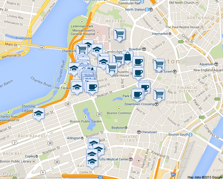 map of restaurants, bars, coffee shops, grocery stores, and more near 44 Beacon Street in Boston
